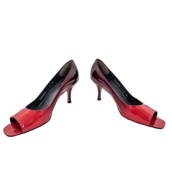 Stuart Weitzman Glossy Red Patent Leather Open Toe Heels Stilettos Pumps Size 8N - Picture 2 of 12